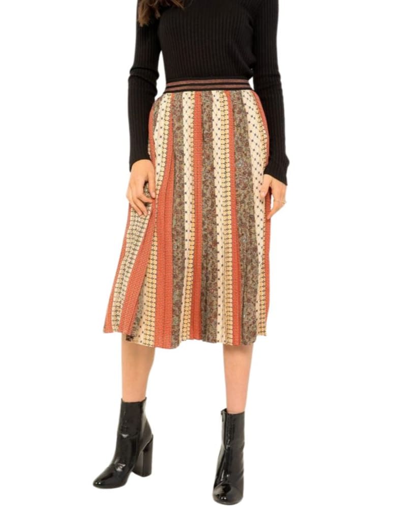 Front of a model wearing a size L Pleated Patterned Skirt in Multi in Multi by THML. | dia_product_style_image_id:346363